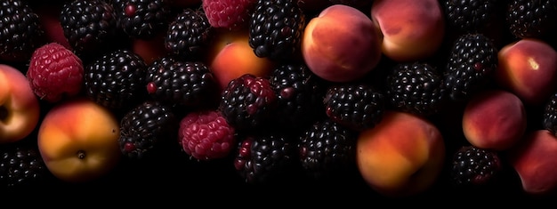 A black berry next to a peach