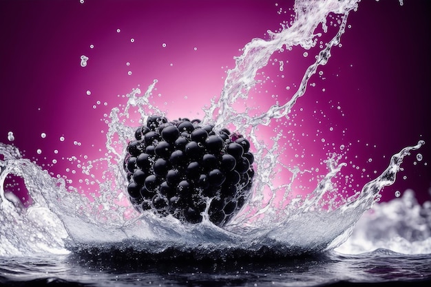 A black berry splashes into a water splash.