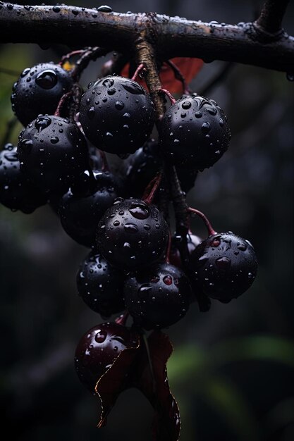 a black berry with water drops on it and a few drops of water on it