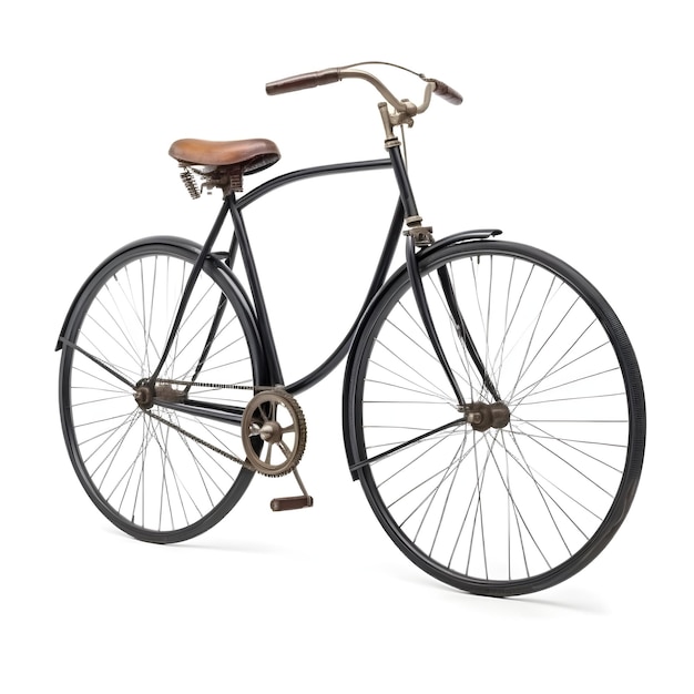 A black bicycle with a brown seat and a white background.