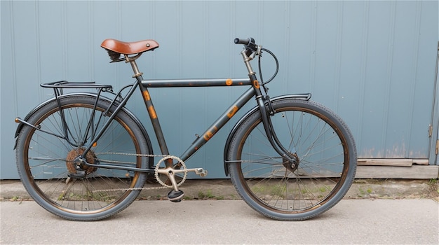 A black bike with a brown seat and a black seat.