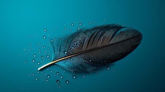 Black bird feather with water drops on a blue