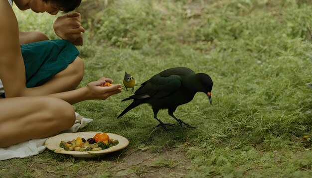 a black bird is eating from a plate of food