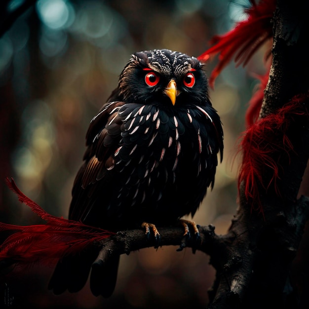 black bird owl sitting on a branch feathers evil sinister red eye intricate detailed feathers