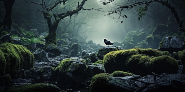 Black Bird Perched on Lush Green Forest