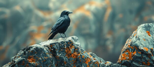 Black Bird Perched on Rock