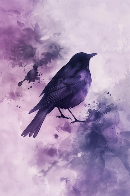 Black Bird on Purple and White Background