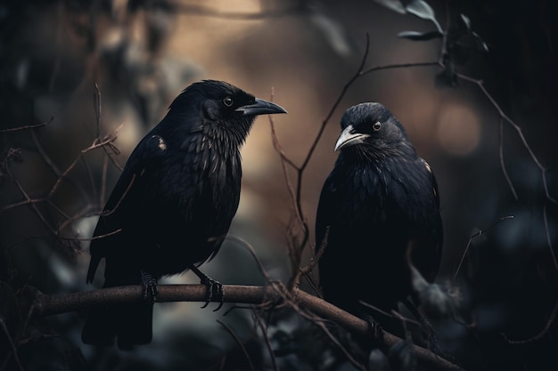 A black bird sits on a branch with a blurred background.