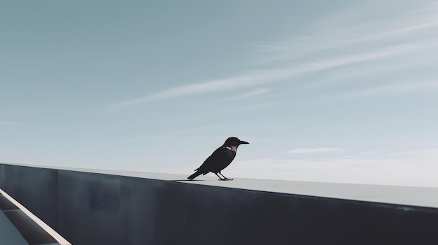 A black bird sits on a roof with a blue sky in the background.