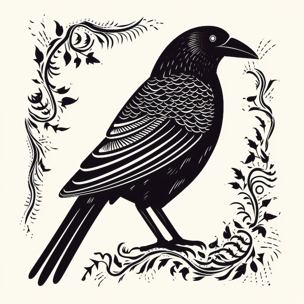 a black bird sitting on a branch with a floral border generative ai