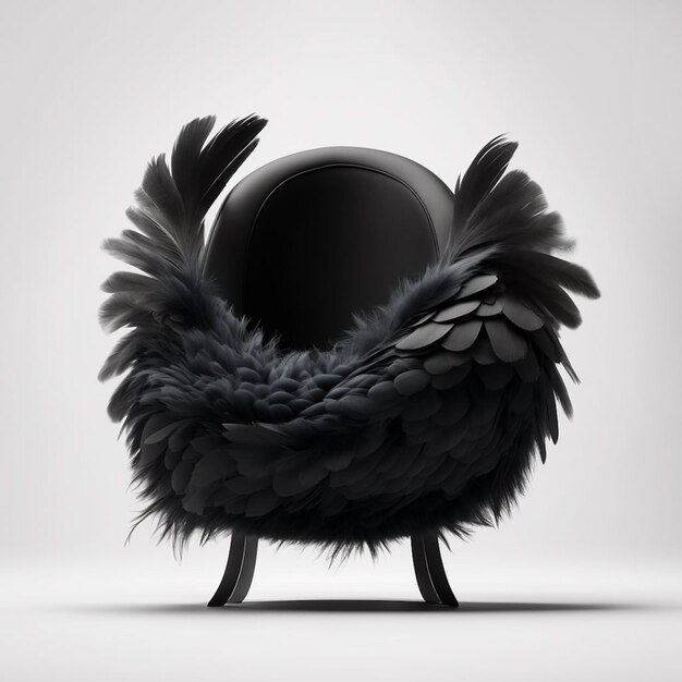 A black bird sitting in a chair with feathers on it.