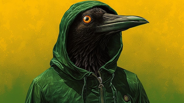 A black bird wearing a hoodie with a green backgr