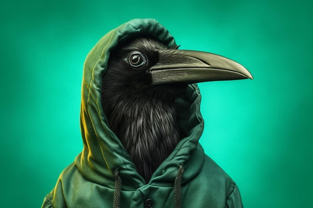 Foto un uccello nero che indossa una felpa con cappuccio con uno sfondo verde