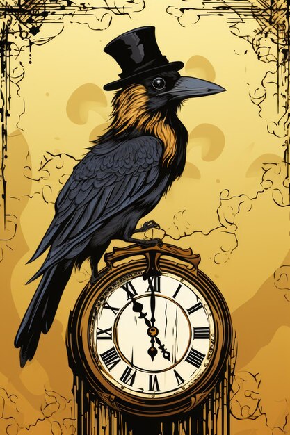 Photo a black bird wearing a top hat sitting on a clock generative ai