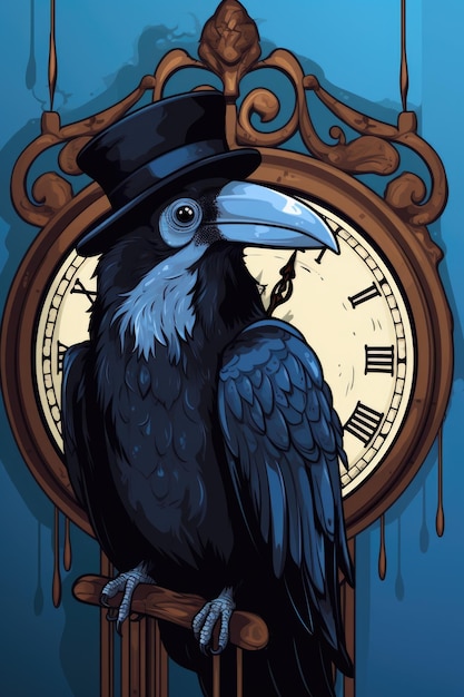 A black bird wearing a top hat sitting on top of a clock Generative AI