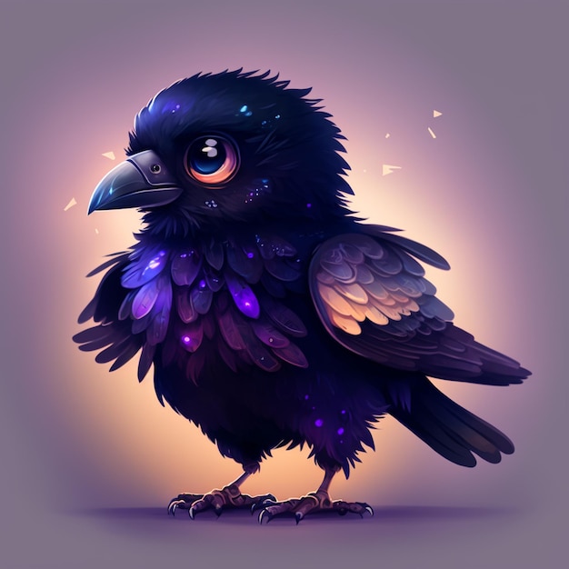 A black bird with purple and blue feathers and a black feather.