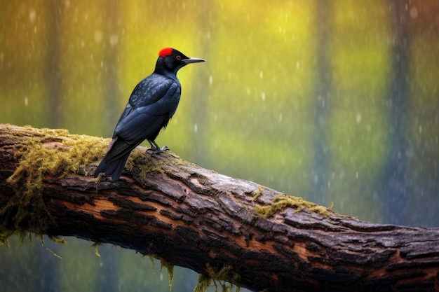 雨の中、赤い帽子をかぶった黒い鳥が枝に止まっています。