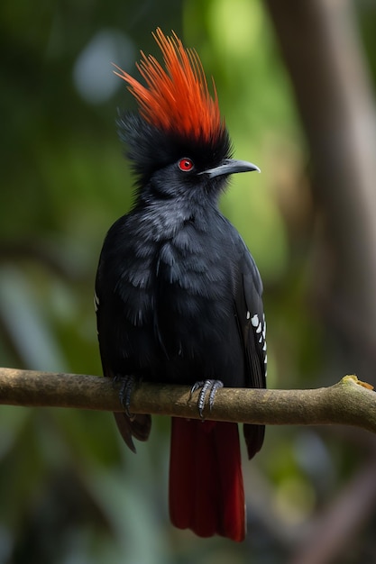 A black bird with red eyes sits on a branch.