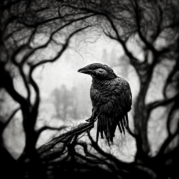 白い顔の黒い鳥と木の枝の白黒写真。