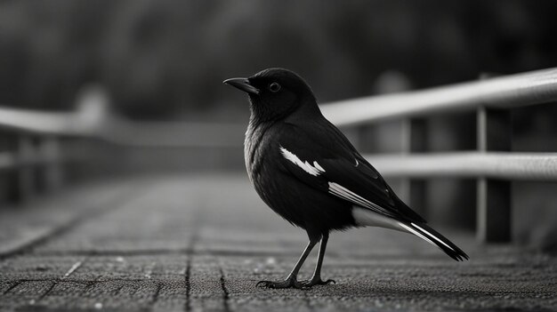 Photo a black bird with a white stripe on its chest stands on a wooden surface