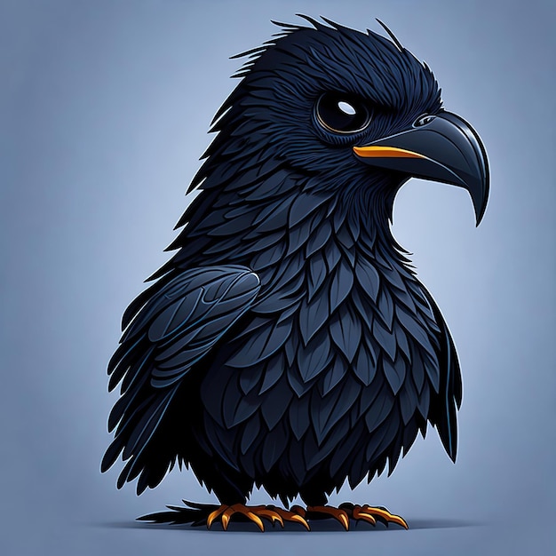 A black bird with a yellow beak and a black beak is sitting on a blue background.