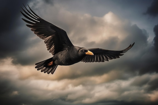 A black bird with a yellow beak flies in the sky.