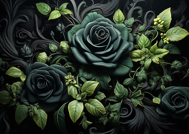 Photo the black and black roses with green leaves