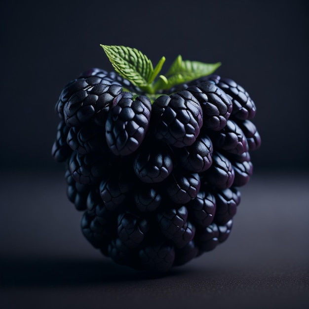 A black blackberry with a green leaf on top