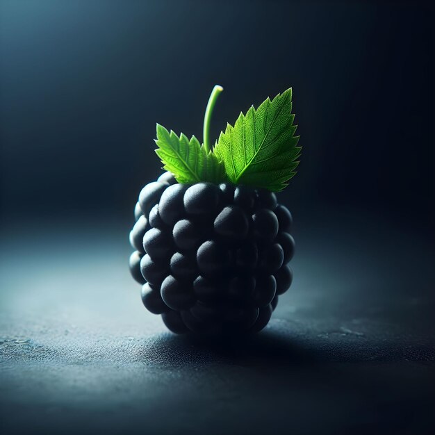 Black blackberry with leaf on black surface