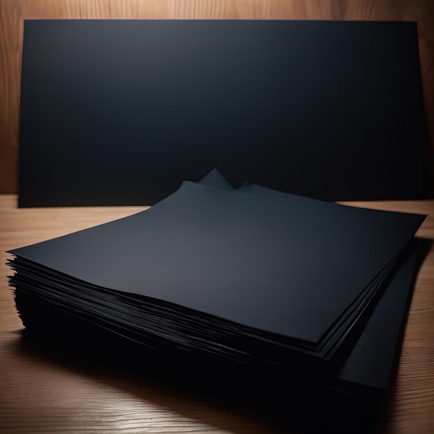 black blank business cards on dark backgroundblack and black paper sheets on a black table mockup