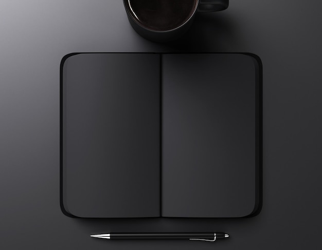 black blank notebook pen and cup of coffee mock up