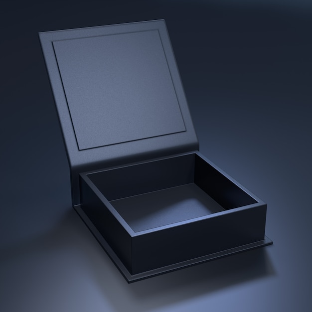 Black blank open cardboard box on black. 3d rendering.