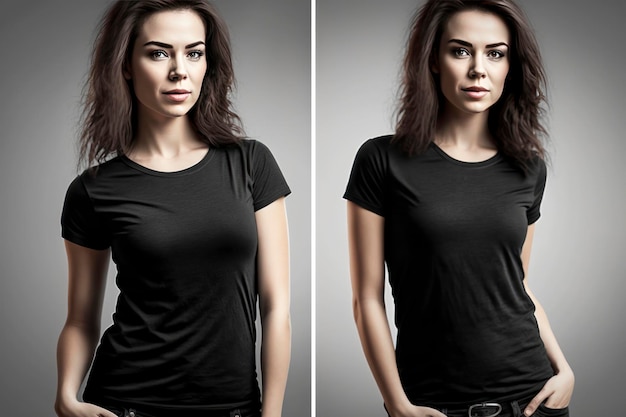 A black blank tshirt worn by a female model casual style light background