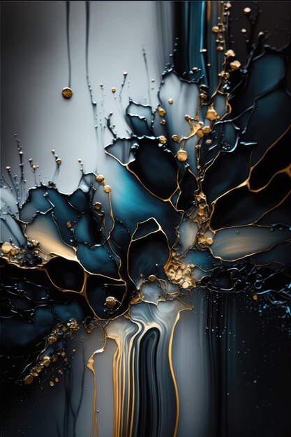 A black and blue abstract painting with gold paint.