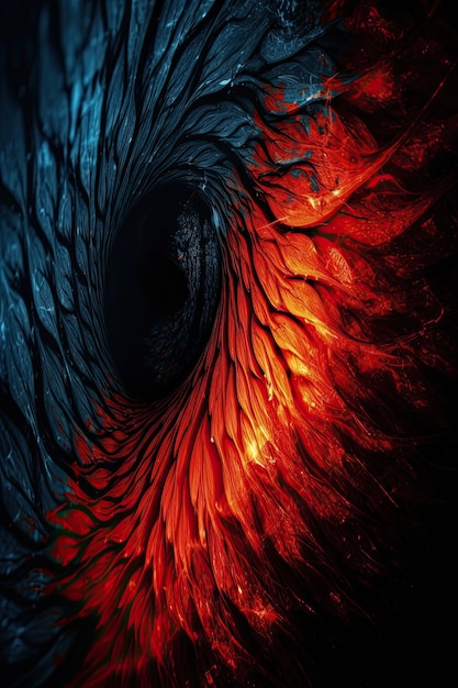 A black and blue background with a red and orange swirl.