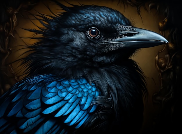 Black and blue crow bird closeup portrait