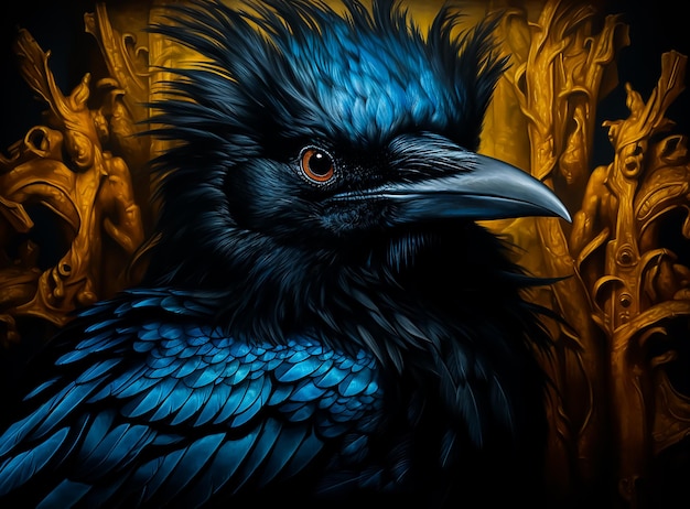 Black and blue crow bird closeup portrait