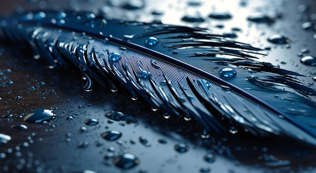 Photo black blue feather with droplets of water