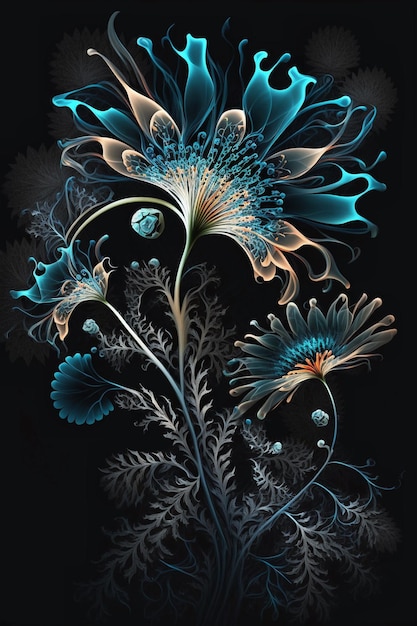 Foto un'illustrazione floreale nera e blu con un fiore sopra.