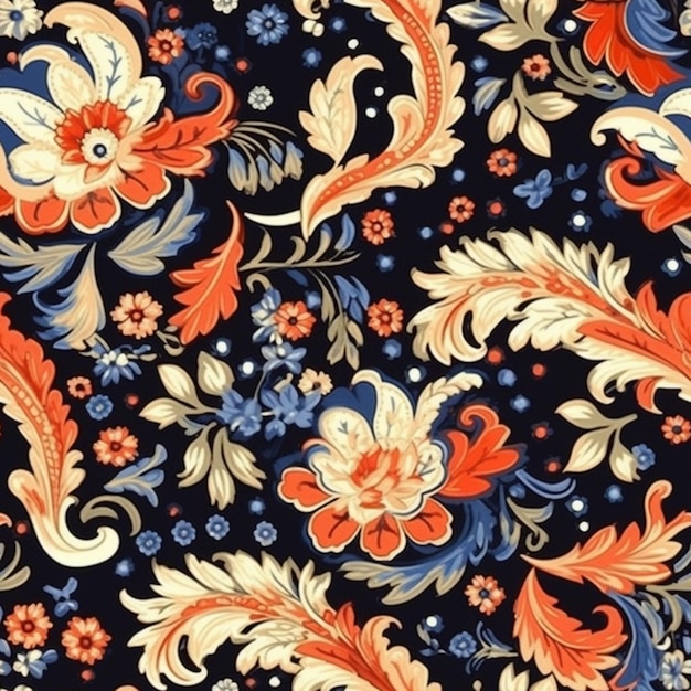 A black and blue floral pattern with flowers.