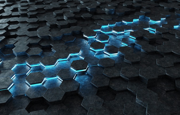 Black and blue hexagons pattern 3D rendering