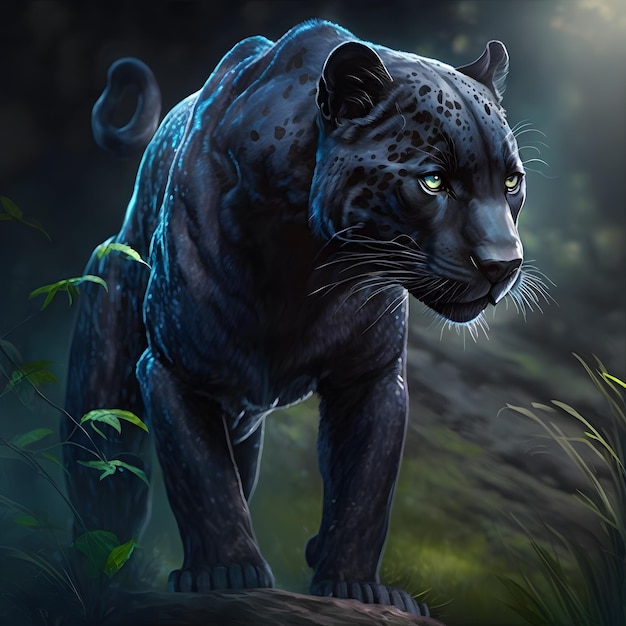 A black and blue jaguar with green eyes stands on a rock.