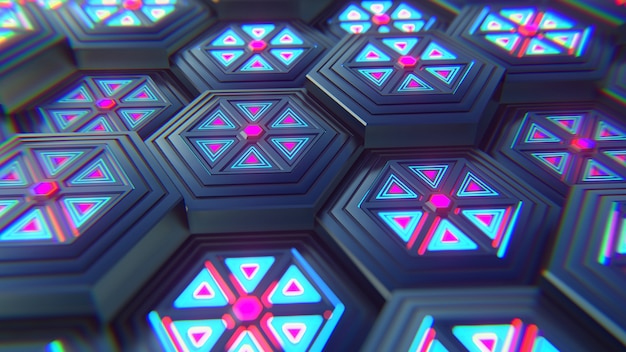 Black blue and orange hexagons background. Modern background. 3d illustration.