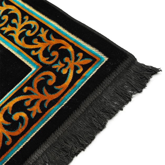 A black and blue rug with a black border and a gold design