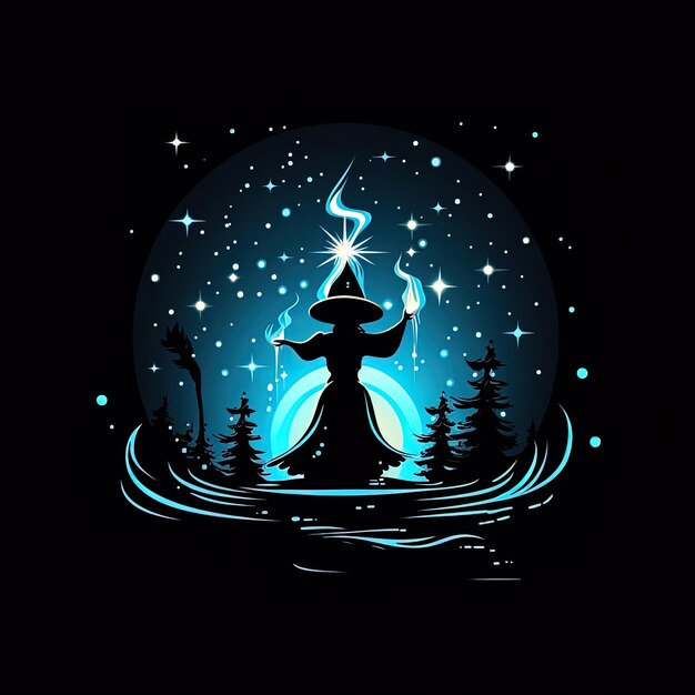 a black and blue silhouette of a witch with a blue hat and a forest landscape