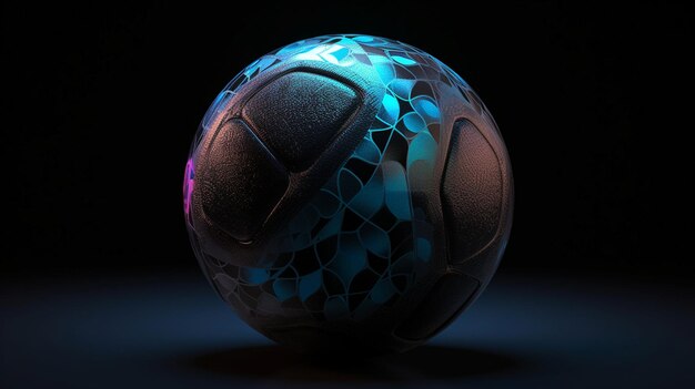 A black and blue soccer ball with a black background.