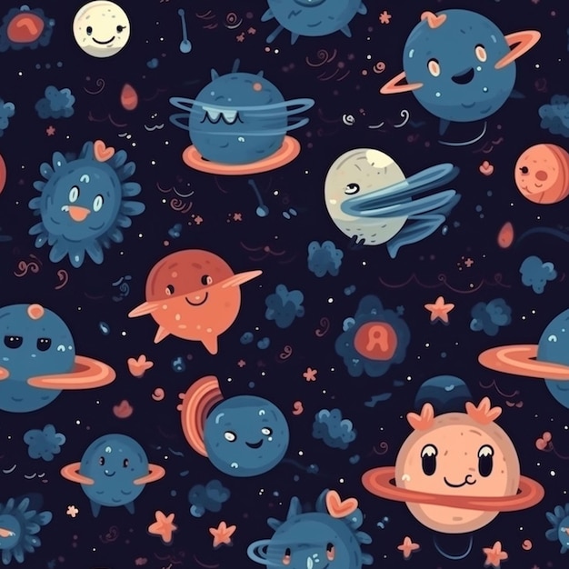 A black and blue space wallpaper with a cute cartoon planets and a rocket on it.