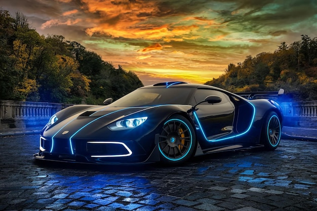 a black and blue supercar with a blue light on the top and the tail lights on the side