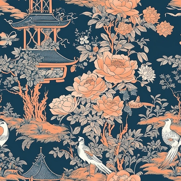 A black and blue wallpaper with a japanese style design.