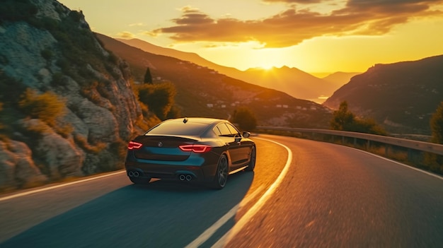 A black bmw is driving on a winding road at sunset.